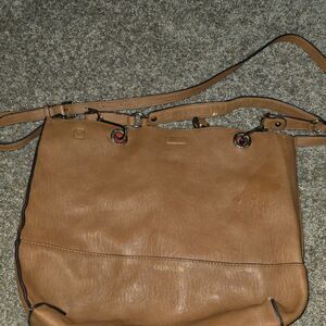 Calvin Klein Tan Brown Shoulder Bag Grommet Accents Gold Hardware Red Lining